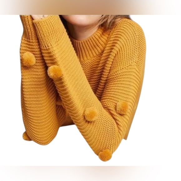 Anthropologie Moth Mustard Yellow Pom Pom Sweater 100% Cotton, Medium 🌻🍂🌻 - Picture 2 of 8